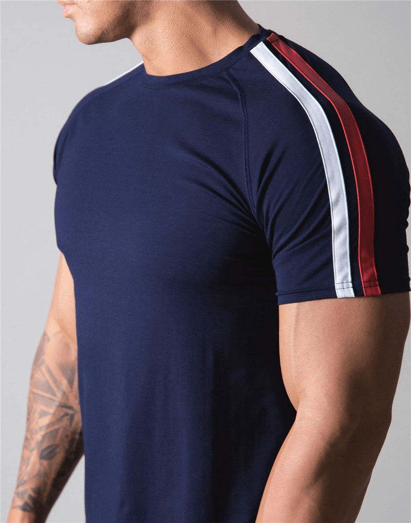 Men's navy running cotton t-shirt with striped sleeves, short sleeves, O-neck, perfect blend of style and comfort - SF1239